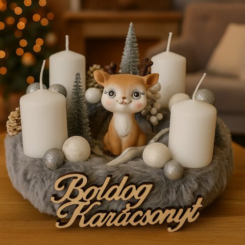 Ezüst szőrmés adventi koszorú cuki szarvassal 