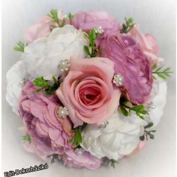 Fehér-rózsaszín-mályva menyasszonyi csokor 