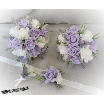 Lila-fehér levendulás habrózsa menyasszonyi csokor szett 