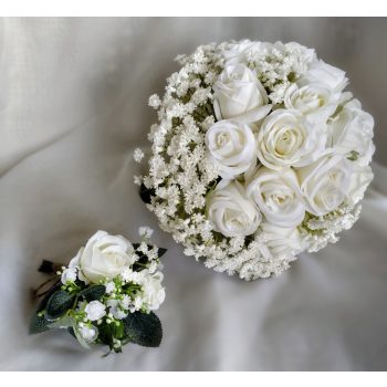 Hófehér menyasszonyi csokor+kitűző