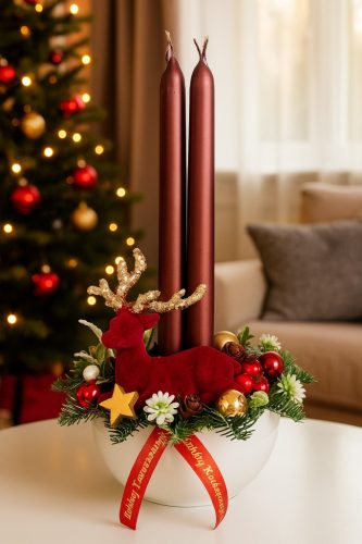Adventi asztaldísz bordó szarvassal