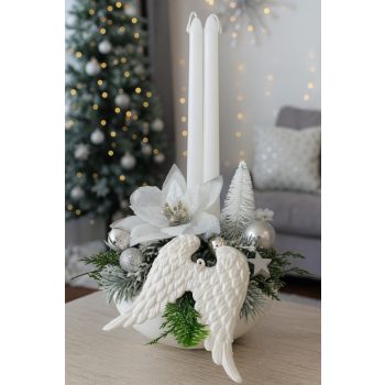 Elegáns ezüstös angyalszárnyas gyertyás asztaldísz 